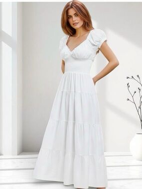 NWT DANIELLE BERNSTEIN White Puff-Sleeve v-neck tiered skirt midi dress Sz:XL